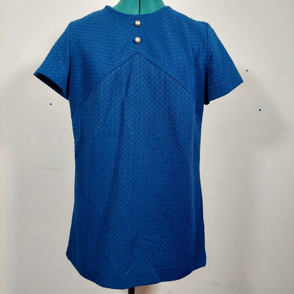 Vintage 60s Royal Blue Textured Knit Tunic Top Short Sleeve Silver Button Detail